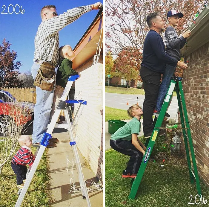 Family decorates outdoors with ladder in a funny childhood photo recreation