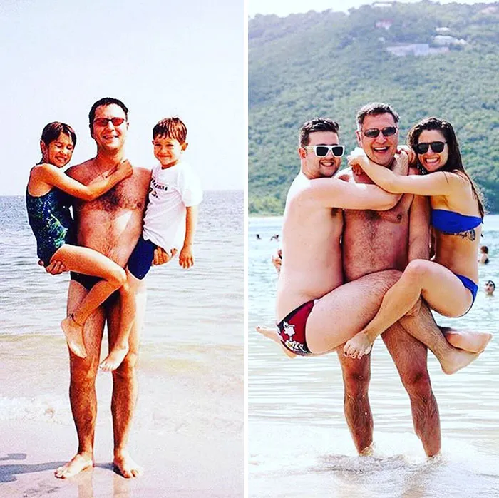 Family at the beach recreating nostalgic sibling photo with playful sea pose