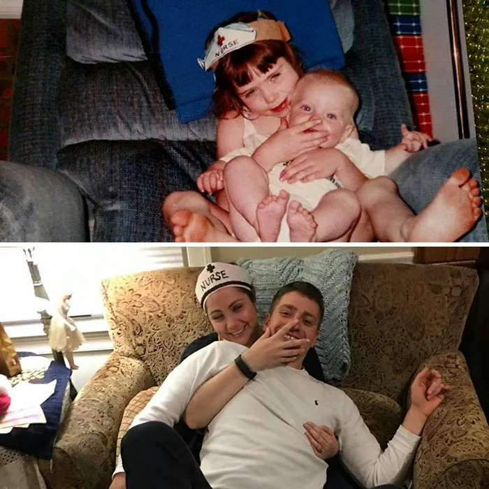 Siblings hilariously recreating childhood photo with nurse hat and playful pose on couch