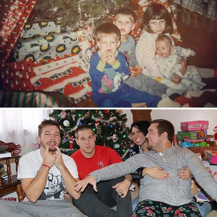 Siblings recreating Christmas morning photo sitting by the tree with gifts for holiday sibling recreation