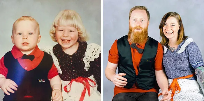 Siblings recreating vintage photo wearing formal clothes for sibling photo recreation