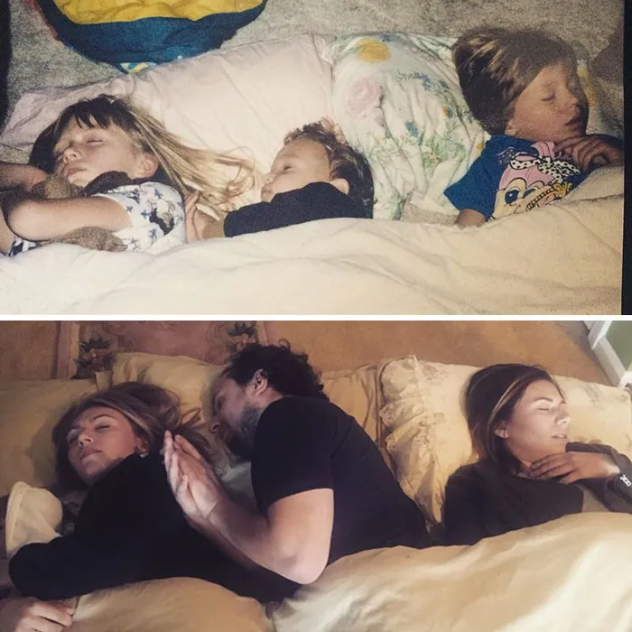 Siblings recreating childhood photo sleeping together in the same positions for nostalgic sibling recreation