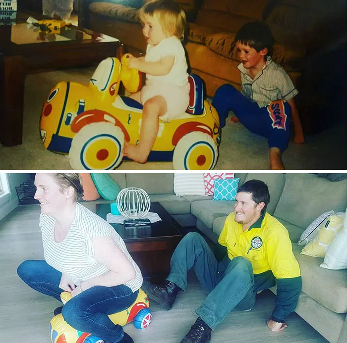 Adult siblings recreating childhood photo playing with a yellow toy car indoors