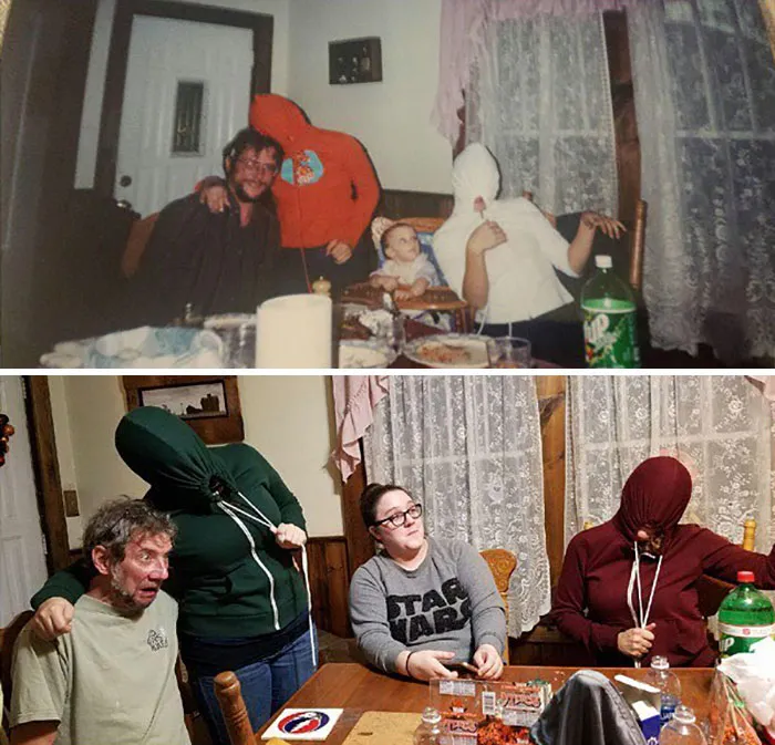Family siblings recreating funny childhood photo with hooded shirts covering faces