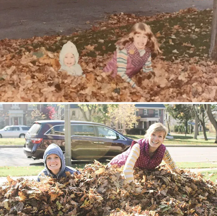 Siblings recreating childhood photo playing in a pile of leaves for humorous sibling photo recreation