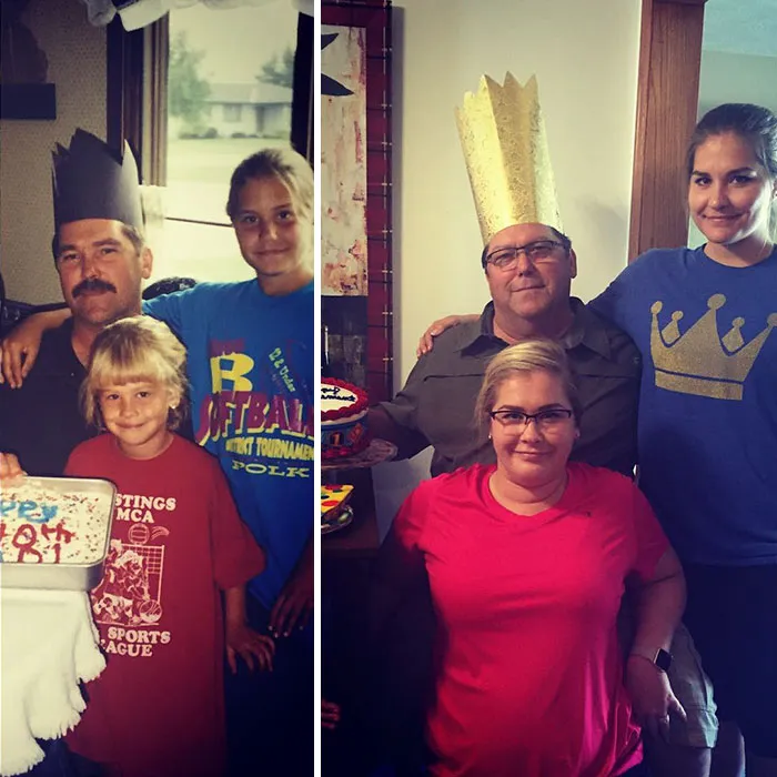 Siblings recreating childhood photo with crowns and similar outfits in family photo recreation