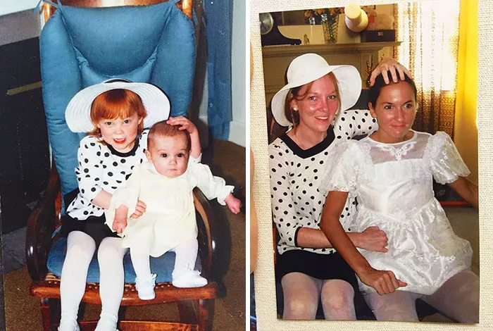 Sisters in white hats and vintage outfits recreate an old photo indoors