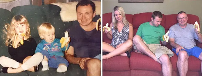 Family recreates a childhood photo eating bananas on a couch