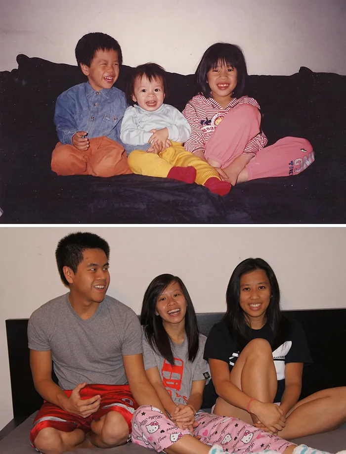 Siblings sitting and smiling on couch recreating childhood group portrait
