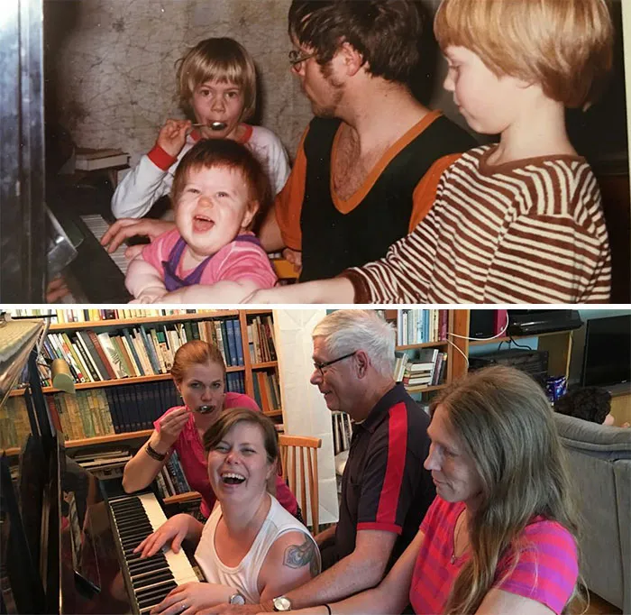 Father and children in kitchen recreating a childhood photo at the piano