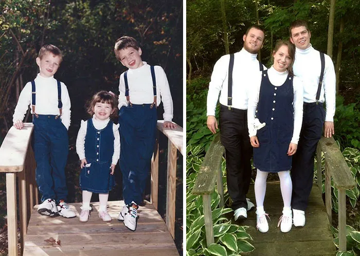 Siblings dress in matching outfits to recreate childhood photo on a wooden bridge