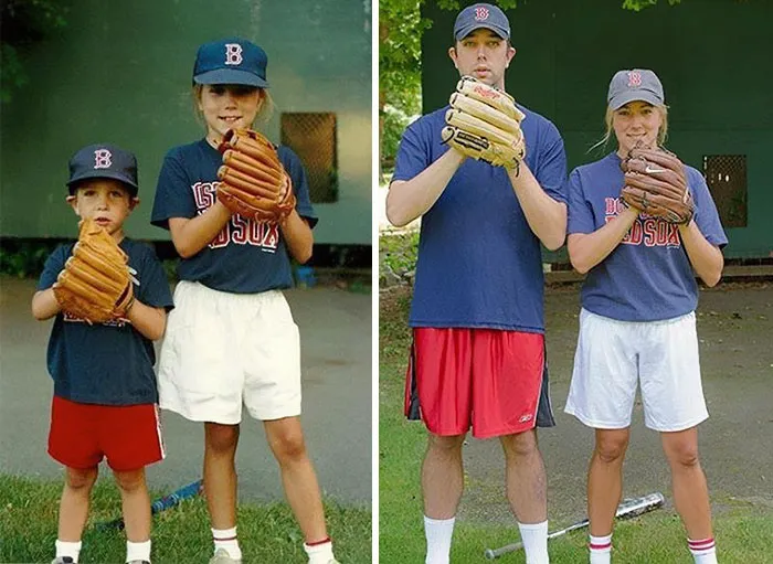 Siblings in matching baseball gear posing for a childhood recreation photo