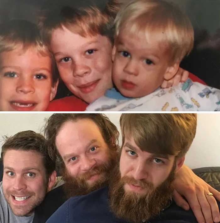 Three brothers recreate their childhood close-up photo with beards and smiles