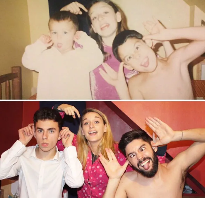 Siblings hilariously recreating their childhood photo with playful facial expressions