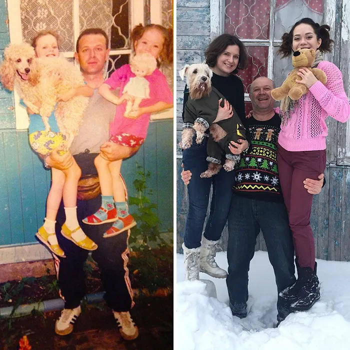 Family holding dogs and toys recreated childhood outdoor photo