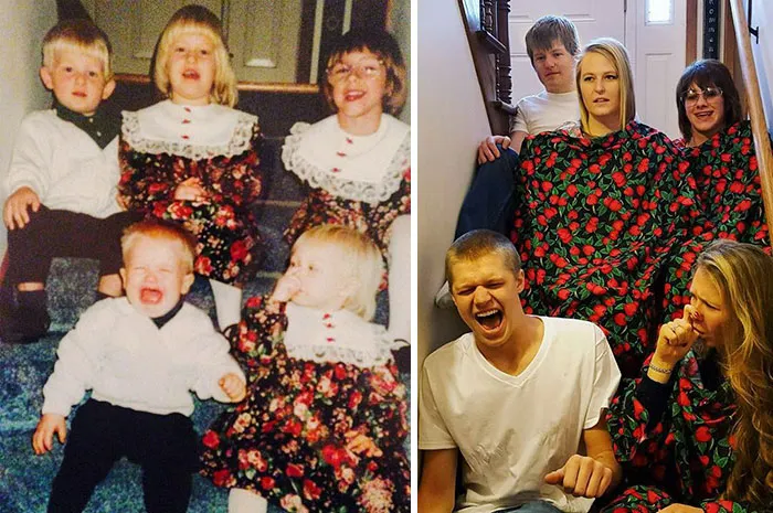 Family recreating childhood photo sitting on bed reading book