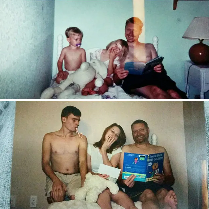 Three siblings with adult expressions recreated childhood photo