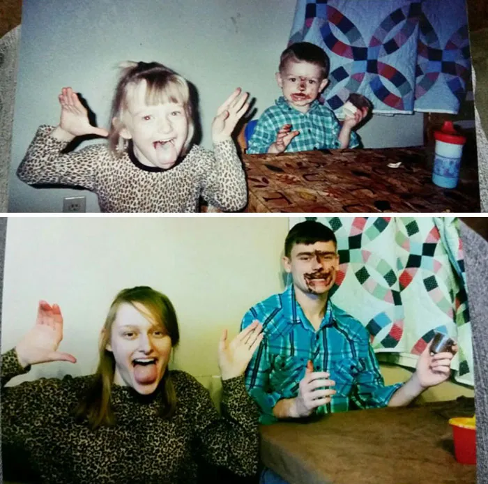 Sibling messily eating at table recreated with matching expressions