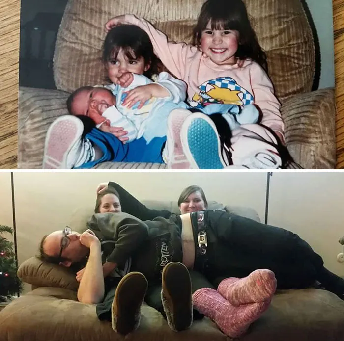 Siblings humorously recreating childhood pose on couch