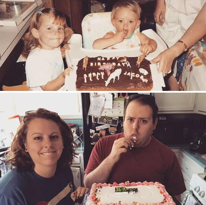 Sibling birthday photos recreated with chocolate cake and frosting