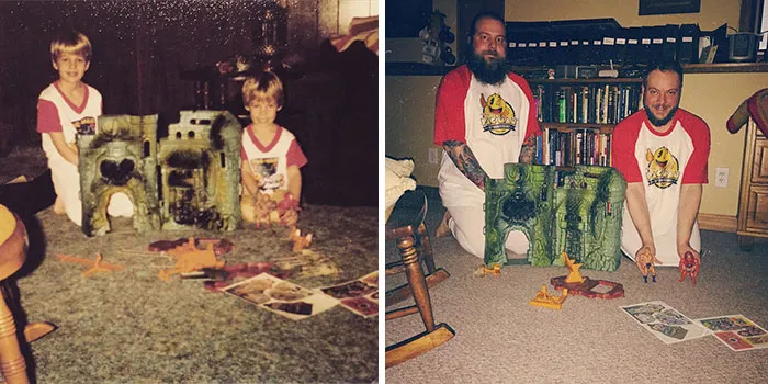 Siblings hilariously recreated childhood photo playing with toy castle indoors