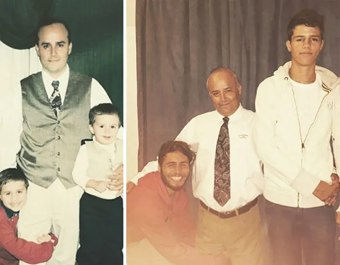 Two photos of father and sons recreating formal family portraits over time