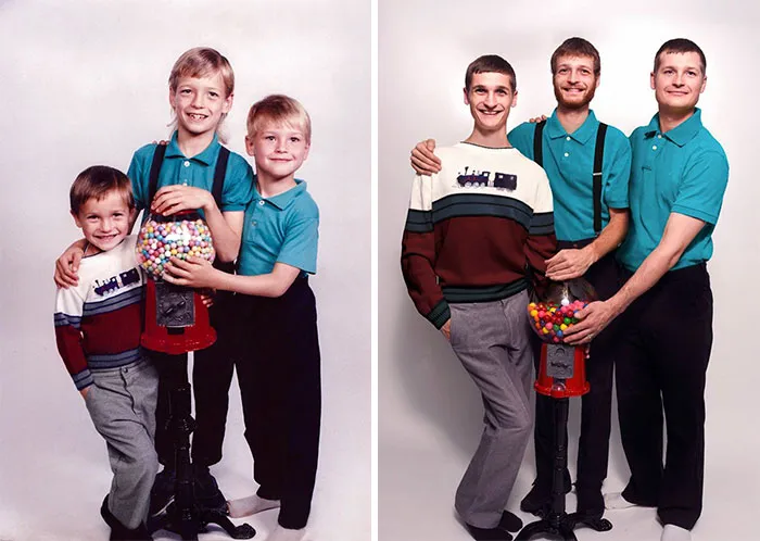 Three brothers recreating childhood photo with gumball machine