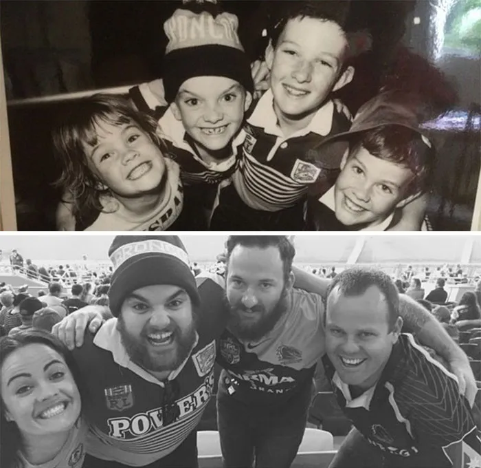 Four brothers cheerfully posing in sports jerseys recreating childhood bond