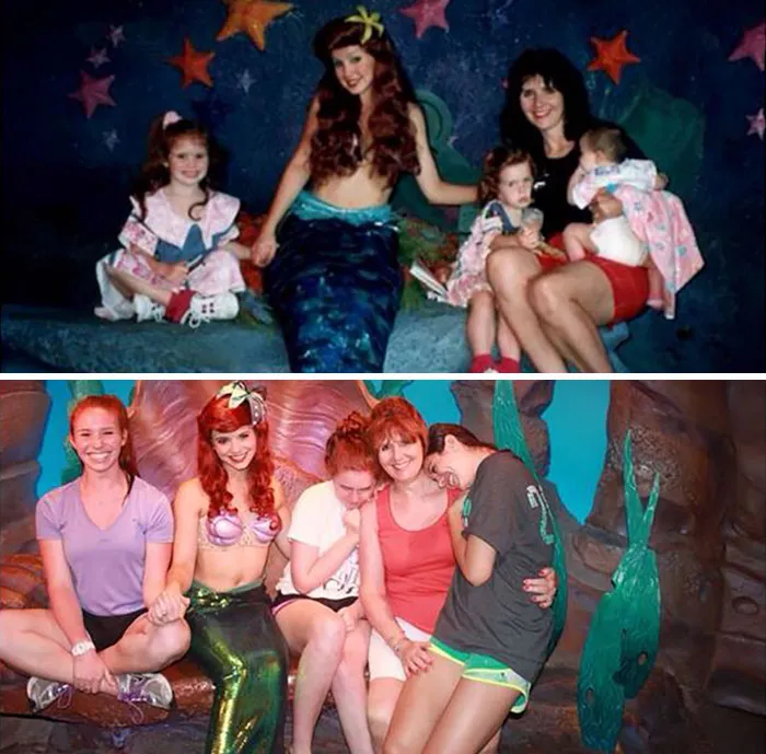 Family reenacting childhood photo with mermaid and kids