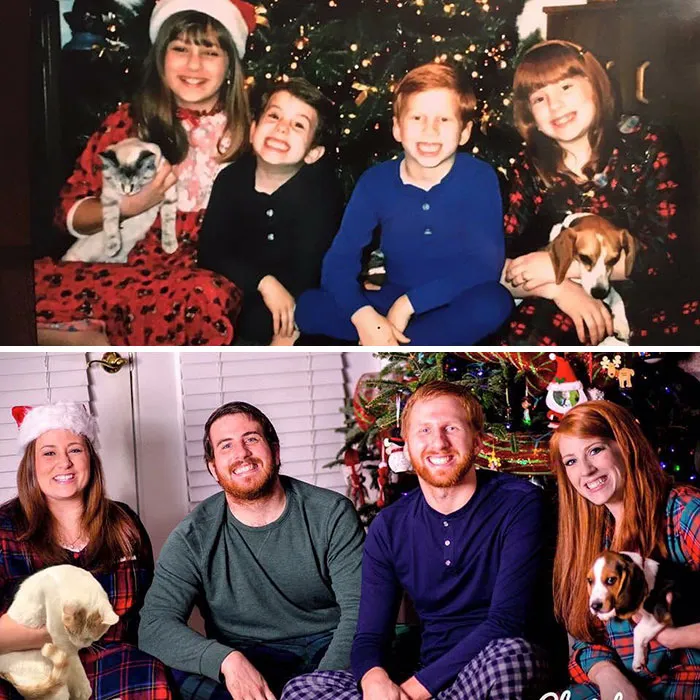 Siblings in Christmas pajamas with pets recreating holiday photo memories