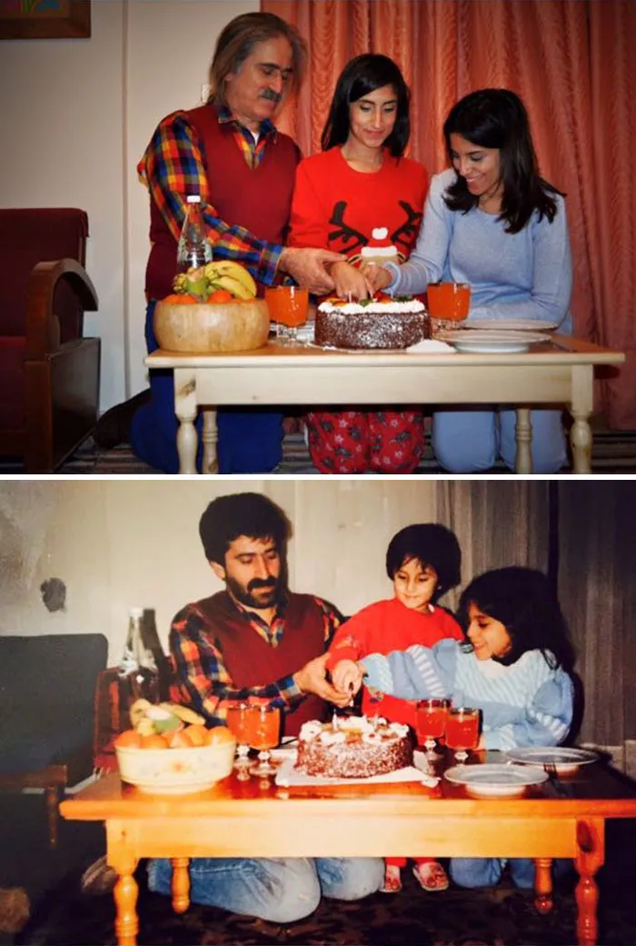 Family cutting a birthday cake recreating an old festive celebration photo