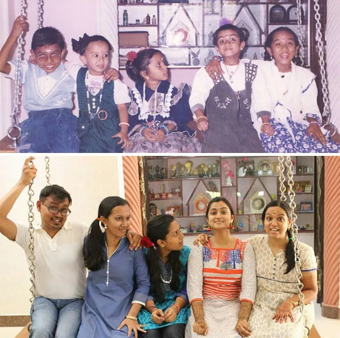 Five siblings posing on a swing set recreating a nostalgic group photo