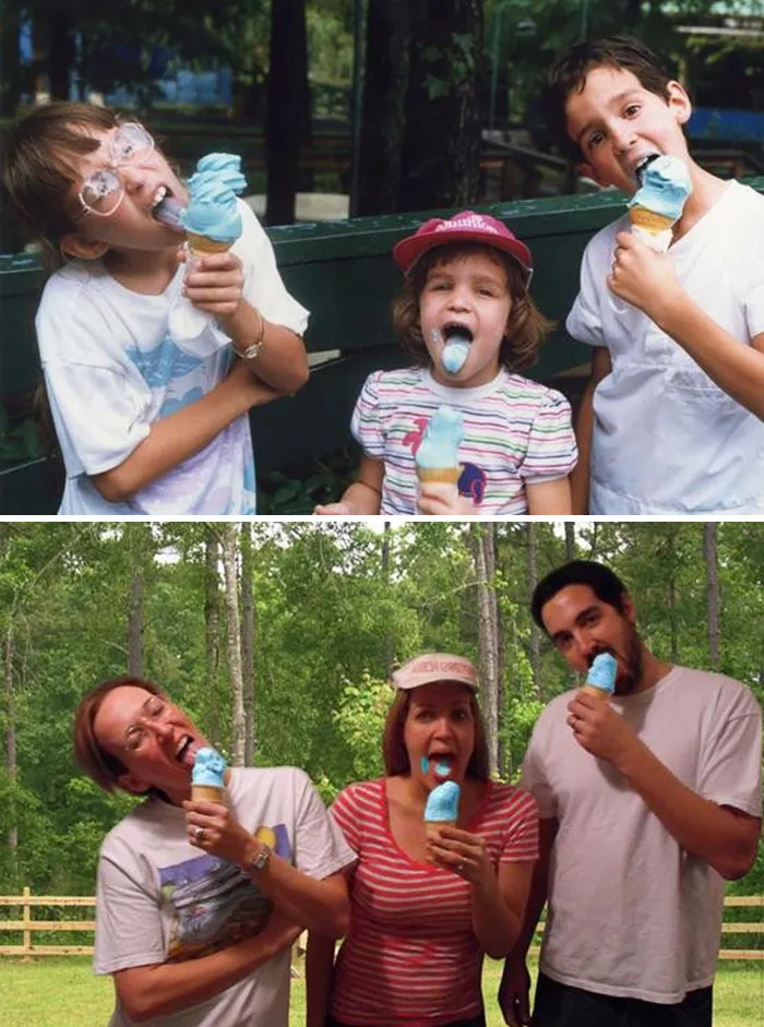 Siblings hilariously recreating childhood photo eating blue ice cream cones together