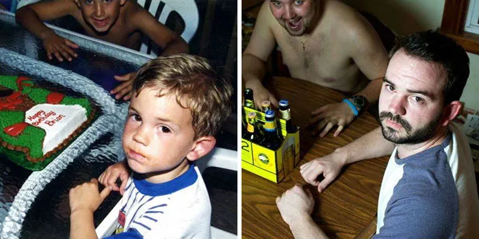 Two brothers posing at table beside birthday cake recreating childhood photo