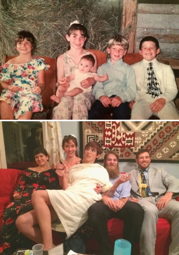 Group of siblings hilariously mimic childhood photo with one carried on lap
