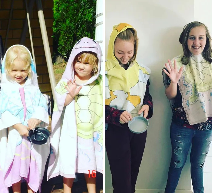 Kids and teens dressed in turtle hooded towels recreating childhood photo