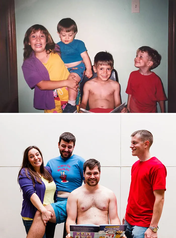 Siblings recreating childhood photo with playful expressions and casual clothes indoors
