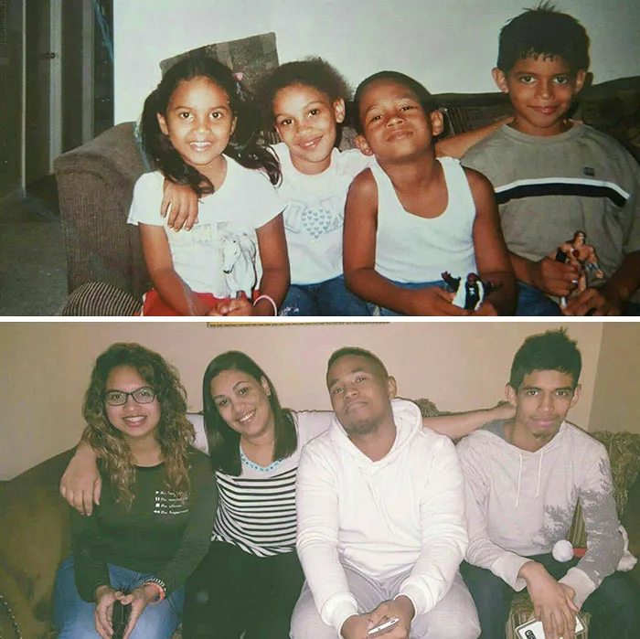 Group of siblings recreating childhood photo, posing with smiles and playful mood