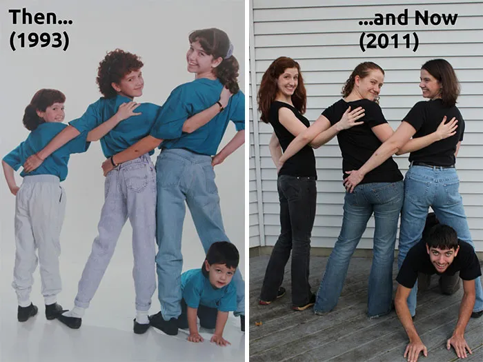 Group of siblings pose together recreating childhood photo from 1993