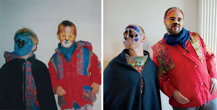 Siblings with face paint recreate funny childhood costume photo