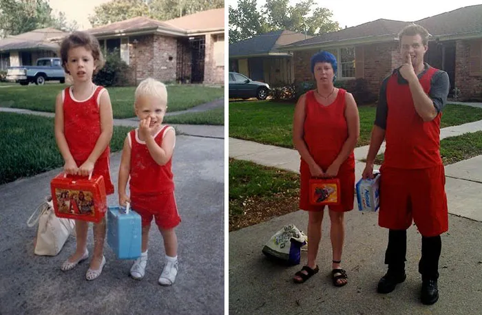 Siblings in red outfits hilariously replicate childhood photo outdoors