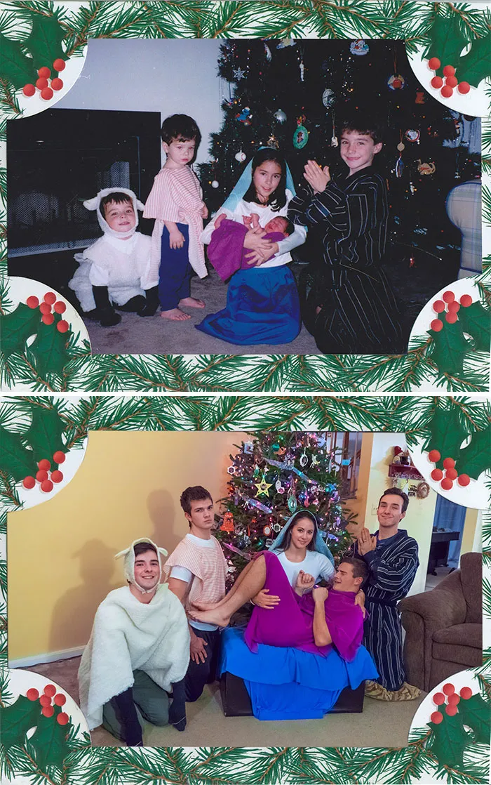Group of siblings reenacting childhood ice cream photo in outdoor setting