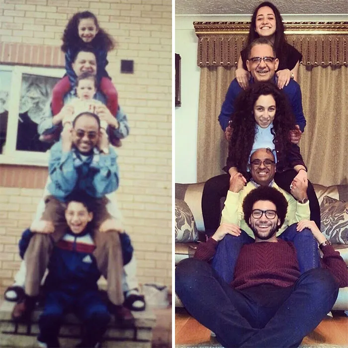 Family stack pose recreated by siblings for childhood photo recreation