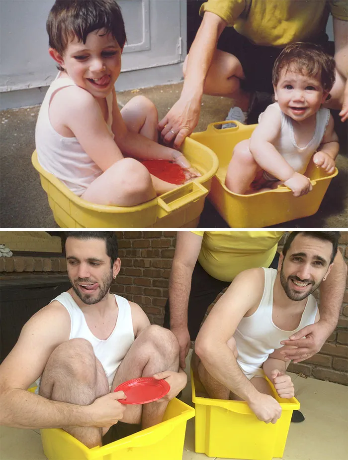 Siblings soak feet in tubs for a funny childhood photo recreation