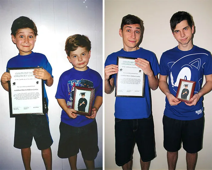 Brothers hold childhood graduation certificates in sibling photo recreation