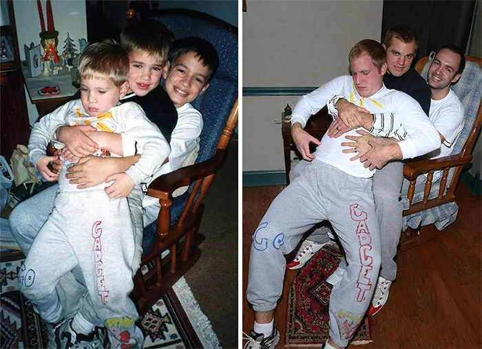 Siblings recreate childhood photo sitting on a chair with matching sweatpants