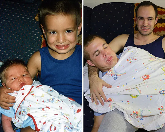 Two men humorously recreate childhood photo with one wrapped in baby blanket