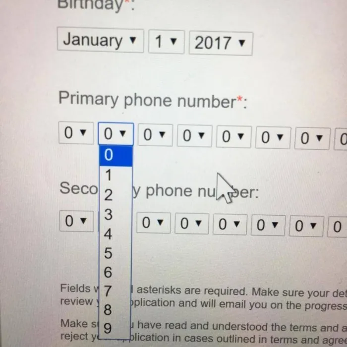 Dropdown menu design fail for entering a phone number with individual digits.