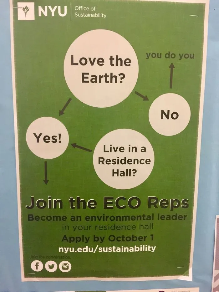 NYU flowchart design fail with eco reps recruitment message, featuring confusing options about loving the earth.