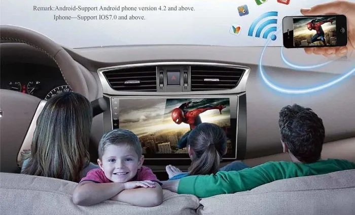 Family in a car watching a movie on the dashboard screen, illustrating a funniest design fail of entertainment placement.